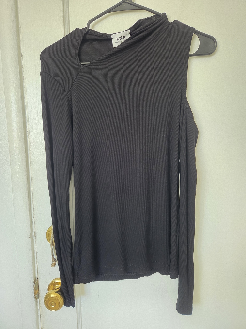 LNA Black Zuki Rib Top Asymmetrical One-Shoulder Long Sleeve Medium
